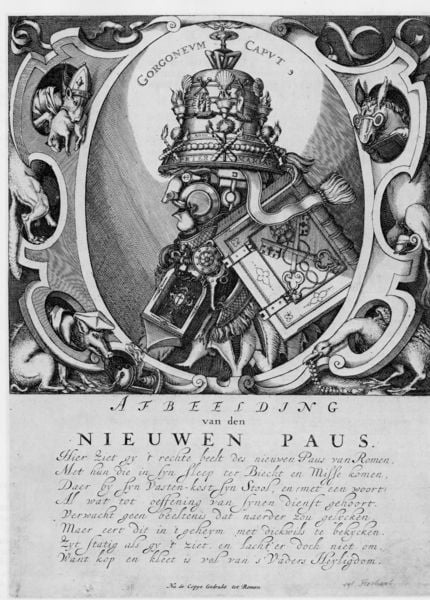 AFBEELDING van den NIEUWEIN PAUS.. 1670. Motifs recorded: glocke, buch, druck, portrait, rahmen, profil, papst, tiere.