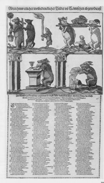 Abzeichnus etlicher wolbedencklicher Bilder. by Johann Fischart. 1576. Motifs recorded: tiere, schrift, hase, druck, kelch, text, säule, fackel.