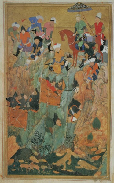 Die Armee Timurs greift die Überlebenden in der Stadt Nerges in Georgien an. 1467–1468. Motifs recorded: pferd, tiere, schirm, menschen, landschaft, rot, baldachin, reiter.