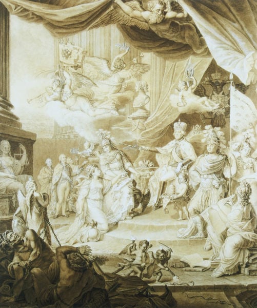 Allegorie der Herrschaft Pauls I.. by Kosma Wassiljewitsch Tscheski. 1804. Motifs recorded: engel, thron, könig, stufen, vorhang, herrscher, säule, barock.