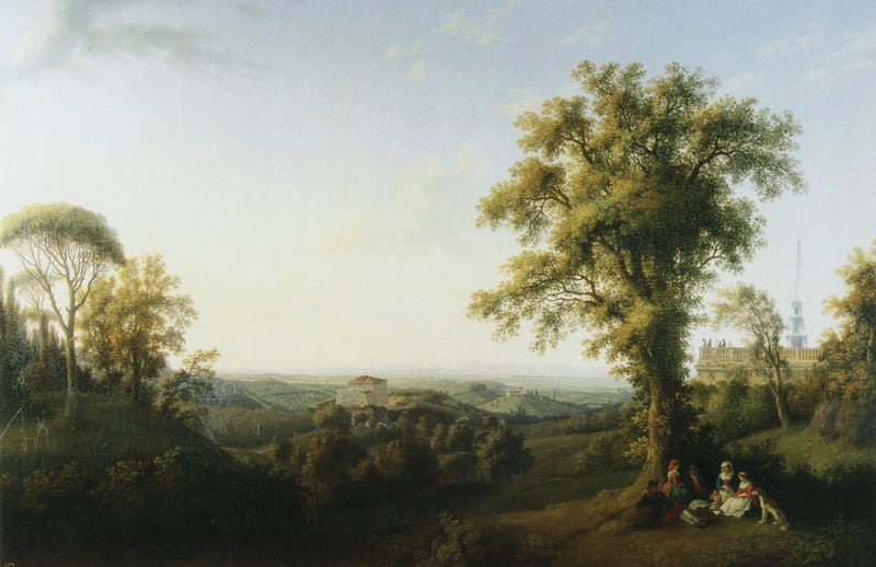 Ansicht Roms vom Park der Villa Conti in Frascati. by Jacob Philipp Hackert. 1787. Motifs recorded: landschaft, hund, baum, bäume, himmel, frauen, menschen, picknick.