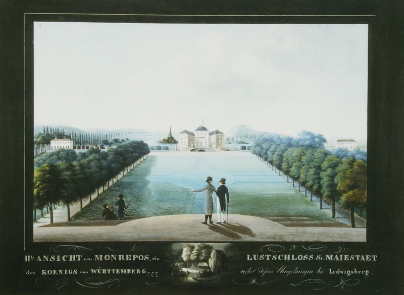 Ansicht von Monrepos bei Ludwigsburg. 1790–1820. Motifs recorded: schloss, bäume, park, allee, lustschloss, garten, grün, männer.