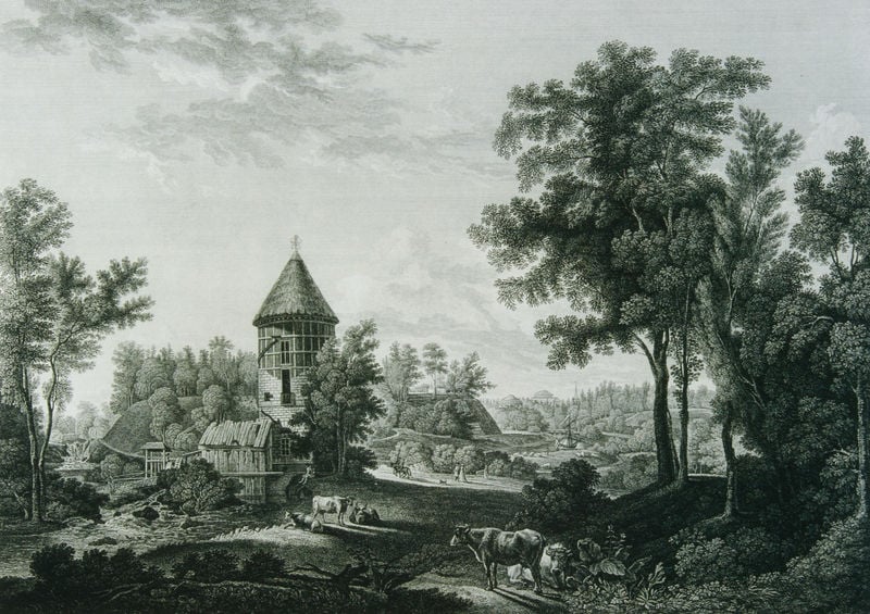 Ansicht des Pil-Turm im Park von Pawlowsk. by Kosma Wassiljewitsch Tscheski. 1801–1803. Motifs recorded: turm, himmel, wolken, schwarz, wald, kuh, dach, schatten.