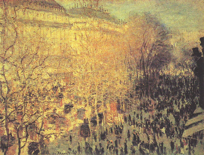 Boulevard des Capucines. by Claude Monet. 1873. Motifs recorded: menschen, zylinder, paris, häuser, sonne, bäume, impressionismus, schatten.