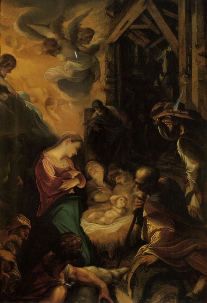 Anbetung der Hirten. by Joseph Heintz, der Ältere. 1595–1600. Motifs recorded: engel, maria, stall, geburt, krippe, jesus, hirten, josef.
