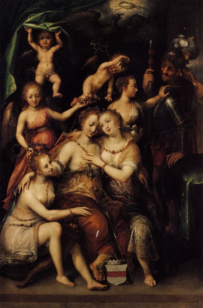 Allegorie auf die Regierung Kaiser Rudolfs II.. by Dirck de Quade van Ravensteyn. 1603. Motifs recorded: frauen, wappen, engel, mann, rüstung, vorhang, ketten, frau.