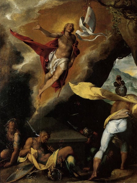 Auferstehung Christi. by Bartholomäus Spranger. 1574–1576. Motifs recorded: drapeau, fahne, soldat, cape, lance, ciel, sonne, bouclier.