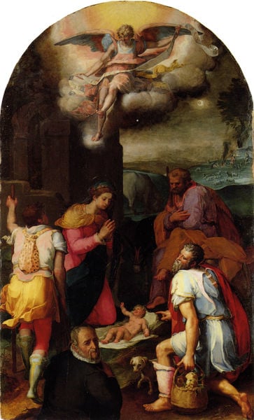 Anbetung der Hirten. by Peter Candid. 1580. Motifs recorded: engel, jesus, geburt, kind, maria, wolke, hund, anbetung.