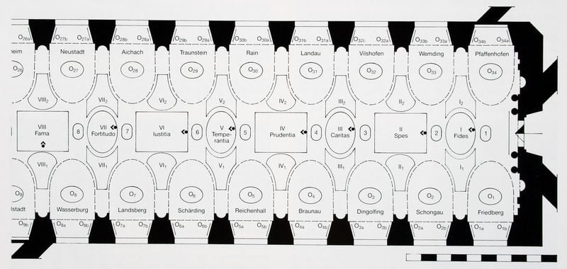 Gewölbe, Bildanordnung. by Friedrich Sustris. 1583. Motifs recorded: grundriss, architektur, kirche, plan, bögen, schwarz, schrift, bauplan.