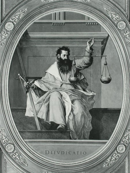 Wahl und Entscheidung, Diiudicatio (Entscheidung). by Peter Candid. 1615–1620. Motifs recorded: waage, bart, mann, zirkel, gewand, schwert, rahmen, oval.