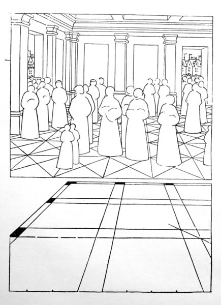 Illustration aus: ""De Artificiali Perspectiva"". by Viator. 1505. Motifs recorded: skizze, menschen, saal, perspektive, zeichnung, raum, entwurf, kinder.