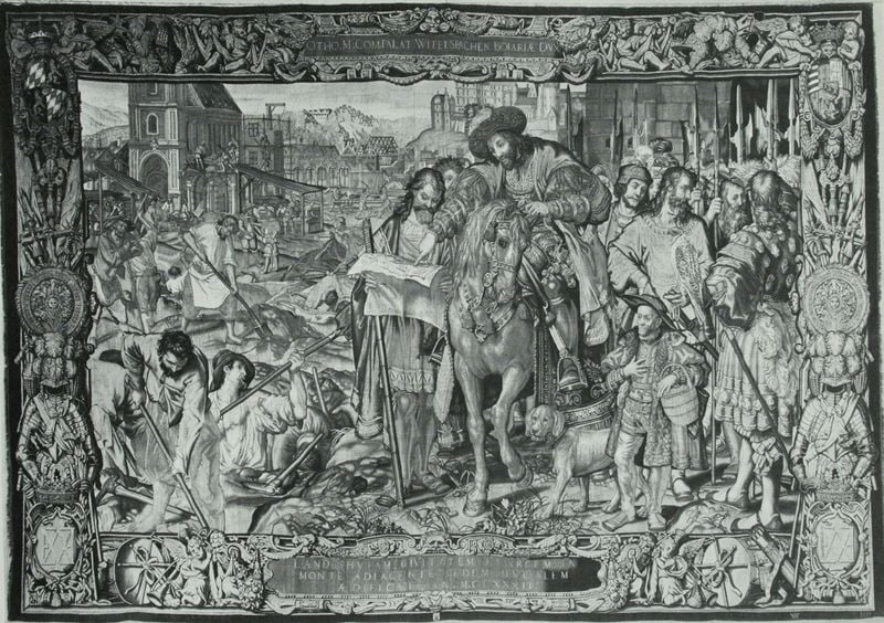 Die Erbauung von Landshut. by Peter Candid. 1611. Motifs recorded: pferd, hund, reiter, waffen, menschen, teppich, wappen, männer.