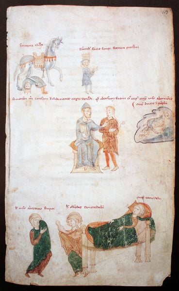 Codex 120 II; Tankred als Missgeburt. by Petrus de Ebulo. 1195–1197. Motifs recorded: horse, bed, pferd, schrift, green, bett, book, mittelalter.