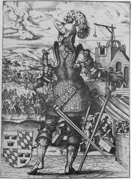 Bildnis von Thesselo I. by Jost Amman. 1545–1590. Motifs recorded: wappen, ritter, schwert, kran, helm, rüstung, himmel, wolken.