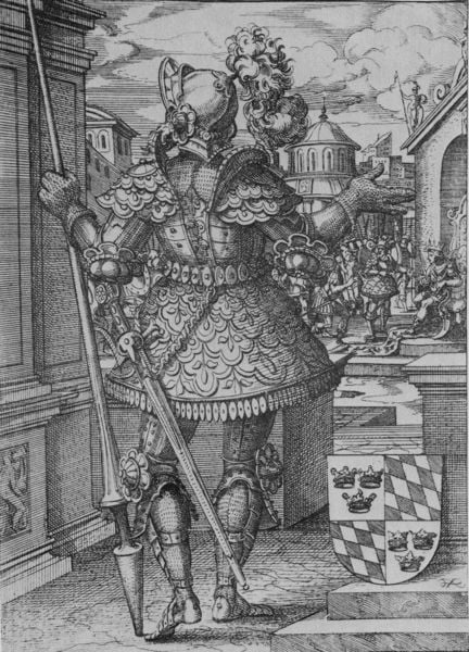 Bildnis von Theodobertus III. by Jost Amman. 1545–1590. Motifs recorded: wappen, rüstung, helm, schwert, ritter, rücken, stadt, lanze.