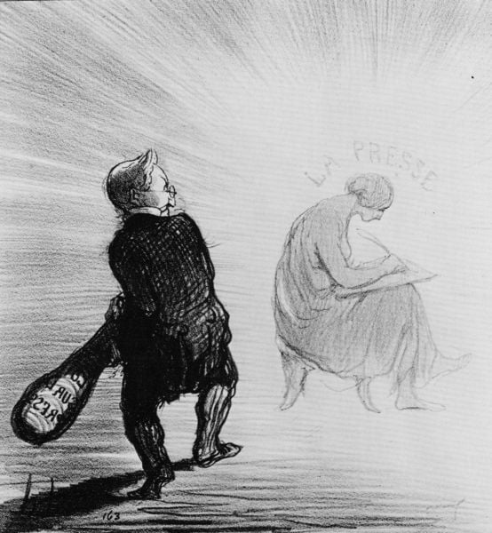 A Parricide. by Honoré Daumier. 1850. Motifs recorded: keule, licht, karikatur, feder, schwarz, strahlen, frau, zeichnung.