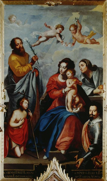 Die Hl. Familie des Stifters Johann von Werth. by Ulrich Loth. 1633. Motifs recorded: engel, maria, himmel, kreuz, kind, rot, jesus, zweig.