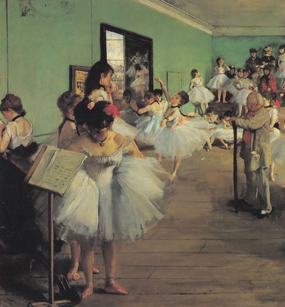 Balletschule. by Edgar Degas. 1876. Motifs recorded: ballett, degas, grün, mann, tanz, lehrer, mädchen, spiegel.