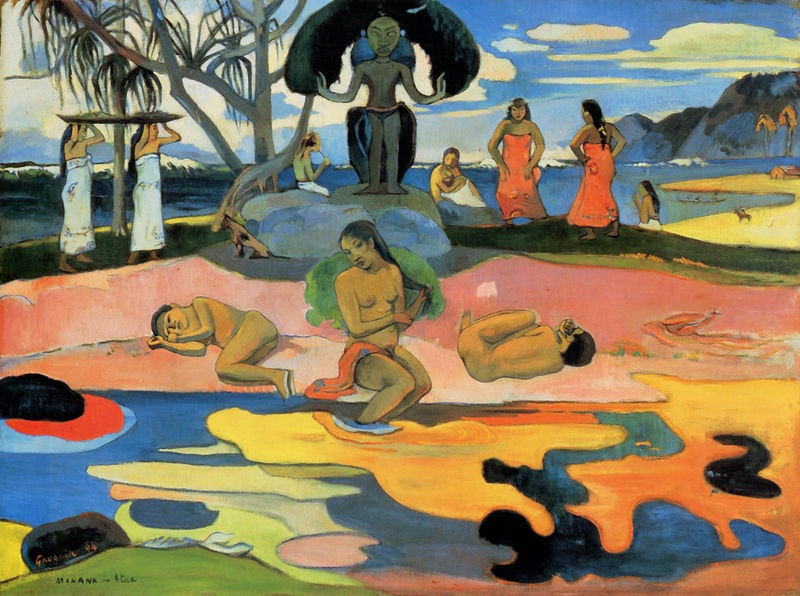 Mahana no atua (Jour de Dieu). by Paul Gauguin. 1894. Motifs recorded: strand, frauen, nackt, meer, wasser, tahiti, gauguin, gelb.