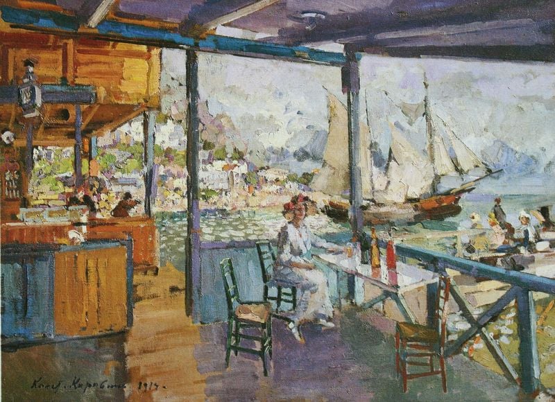 Angelplatz in Gurzuf. by Konstantin Korovin. 1914. Motifs recorded: frau, bar, segelschiff, meer, stühle, berge, wasser, see.
