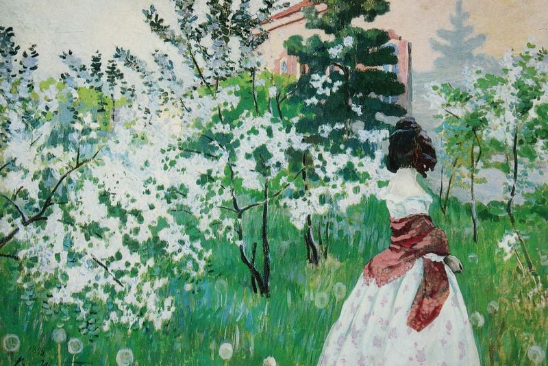 Der Frühling. by Viktor Borissow-Mussatow. 1898–1901. Motifs recorded: kleid, haus, löwenzahn, frau, wiese, woman, bäume, rot.