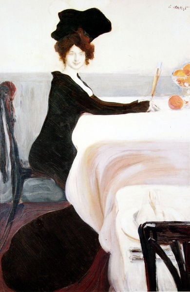 Abendessen. by Léon Bakst. 1902. Motifs recorded: tisch, kleid, schwarz, frau, hut, obst, rot, blau.
