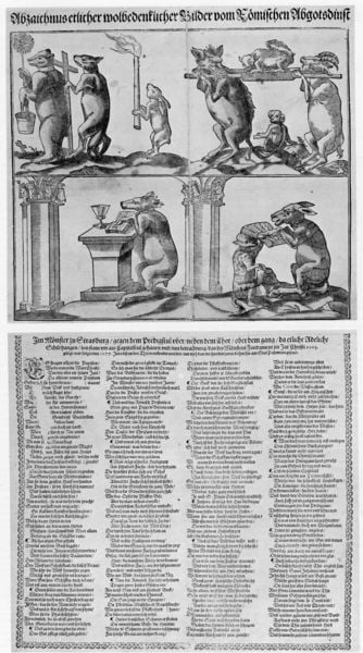 Abzaichnus etlicher wolbedenklicher Bilder vom Römischen Abgotsdinst. by Tobias Stimmer. 1576. Motifs recorded: fabel, tiere, hase, schrift, druck, text, wolf, altar.