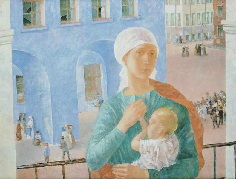 1918 in Petersburg. by Kusma Petrow-Wodkin. 1920. Motifs recorded: kind, kopftuch, frau, blau, baby, grün, menschen, mutter.