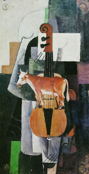 Alogismus. Kuh und Violine. by Kasimir Malevich. 1913. Motifs recorded: kuh, kubismus, geige, grün, schwarz, braun, abstrakt, weiss.