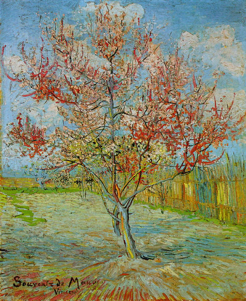 Blühender Pfirsichbaum. by Vincent van Gogh. 1888. Motifs recorded: baum, van gogh, himmel, rot, blätter, wolken, gelb, blau.