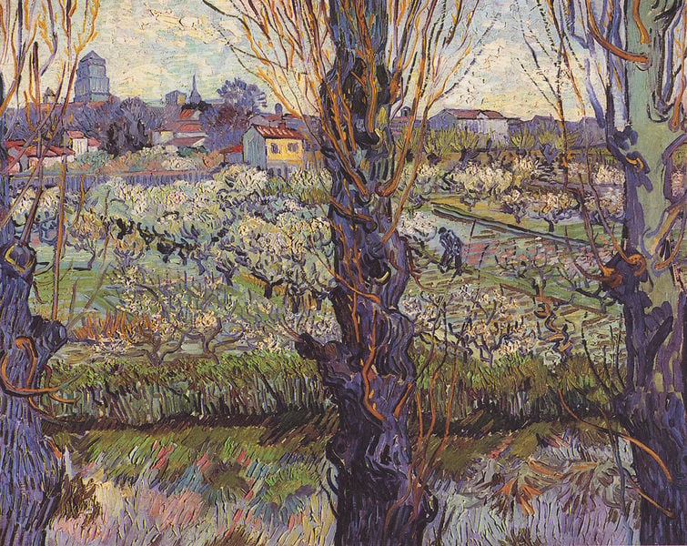 Blühender Obstgarten mit Blick auf Arles. by Vincent van Gogh. 1889. Motifs recorded: van gogh, van gogh, bäume, weiden, stadt, arbre, häuser, garten.