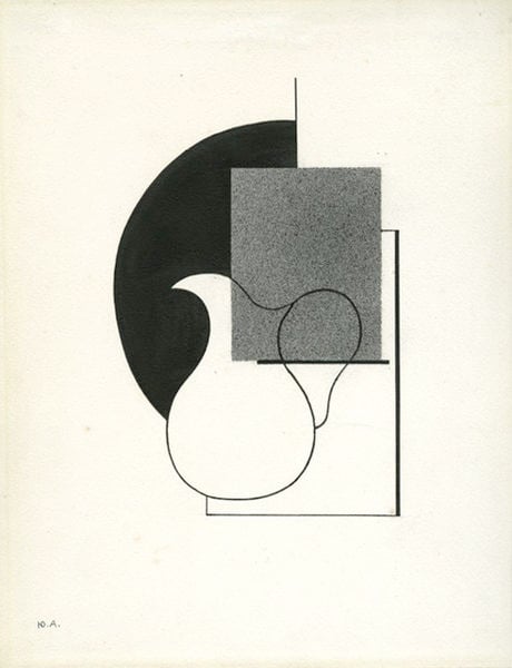 Abstract Drawing with a Pitcher. by Iurii Pavlovich Annenkov. 1901–2000. Motifs recorded: pitcher, black, line, square, white, rectangle, abstract, circle.
