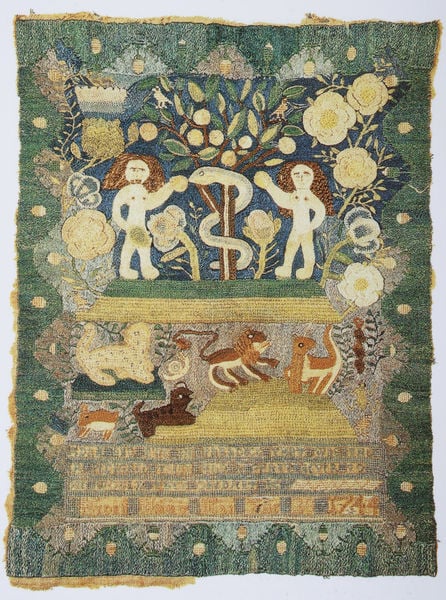Adam und Eva. by Lydia Hart. 1744. Motifs recorded: adam, eva, schlange, baum, paradies, tiere, teppich, apfel.