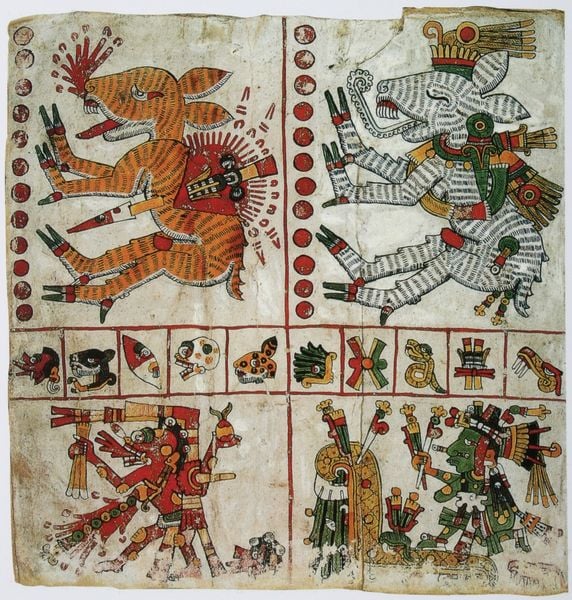 Blatt aus dem Codex Borgia. 1400–1500. Motifs recorded: tiere, rot, grün, tier, symbole, gelb, indianer, zeichen.