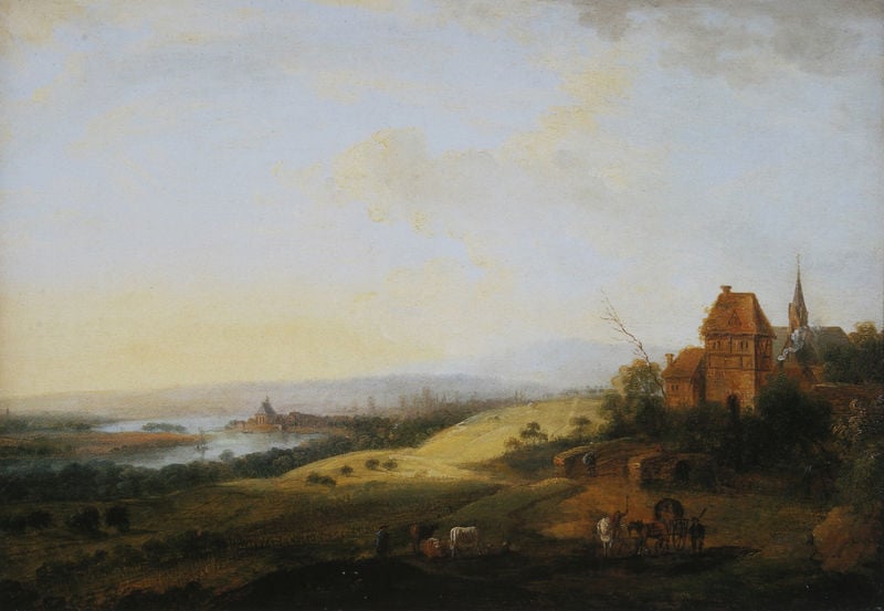 Ansicht von Kostheim und Mainz von Hochheim aus. by Georg Schneider. 1799–1801. Motifs recorded: landschaft, himmel, kirche, pferde, bäume, wolken, hügel, fluss.