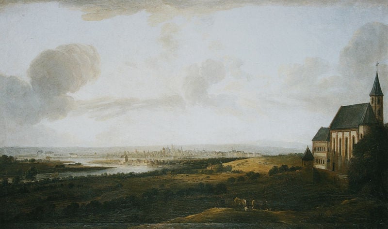 Blick von Hochheim am Main auf Kostheim und Mainz. by Georg Schneider. 1793–1795. Motifs recorded: kirche, landschaft, fluss, wolken, stadt, kühe, himmel, turm.