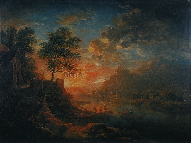 Rheinische Flusslandschaft mit Haus. by Christian Georg Schütz, der Ältere. 1765–1767. Motifs recorded: haus, landschaft, bäume, wolken, sonnenuntergang, himmel, boote, ufer.