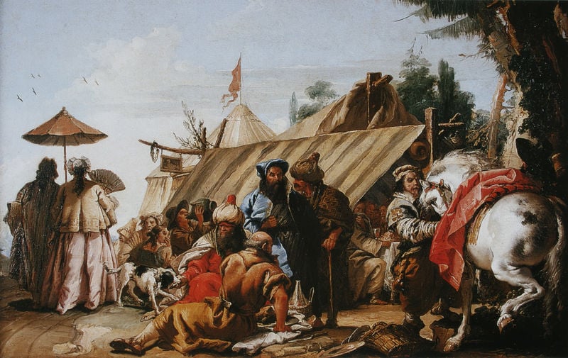 Die Zeltwirtschaft. by Giovanni Domenico Tiepolo. 1753. Motifs recorded: zelt, pferd, hund, schirm, männer, fächer, rot, lager.