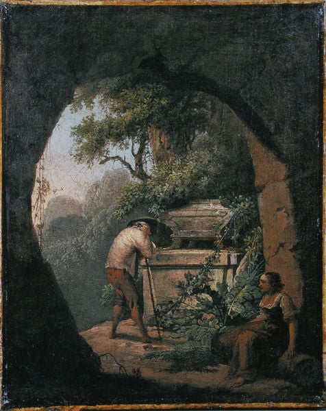 Altes Paar an einem Grabmal (Allegorie des Alters). by Januarius Zick. 1770–1780. Motifs recorded: höhle, frau, mann, baum, landschaft, stock, hut, bäume.