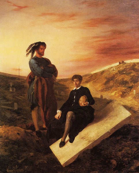 Hamlet und Horatio auf dem Friedhof. by Eugène Delacroix. 1835. Motifs recorded: männer, hügel, federn, schädel, hut, grab, sonnenuntergang, platte.