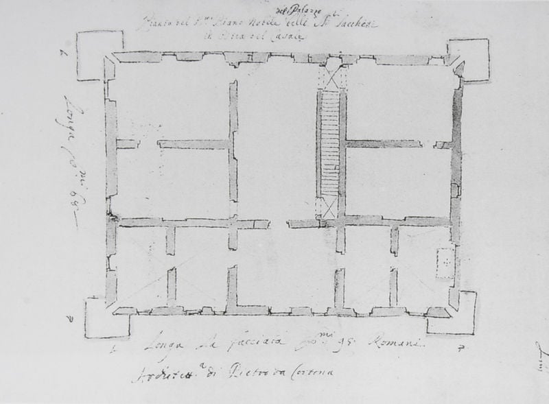 Grundriss des 1. Obergeschosses der Villa Sacchetti-Chigi, Castelfusano. by Pier Leone Ghezzi. 1734–1736. Motifs recorded: grundriss, treppe, plan, zimmer, türen, palazzo, fenster, zeichnung.