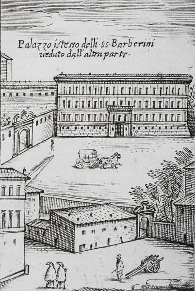 Blick auf die nördliche Fassade des Palazzo Barberini, Rom. by Pompilio Totti. 1638. Motifs recorded: kutsche, platz, tor, fenster, palast, menschen, kanone, pferde.