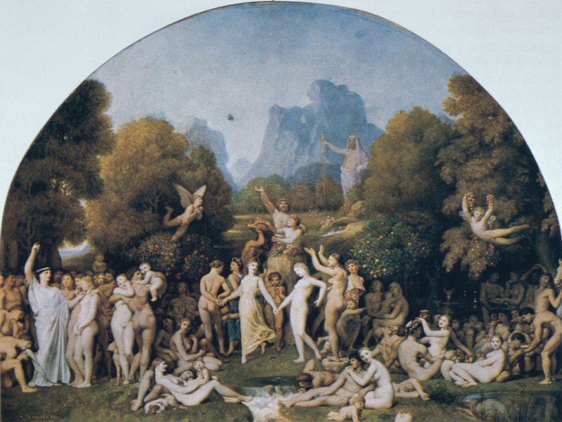 Das goldene Zeitalter. by Jean Auguste Dominique Ingres. 1862. Motifs recorded: engel, nackt, berg, himmel, menschen, bäume, frauen, wasser.