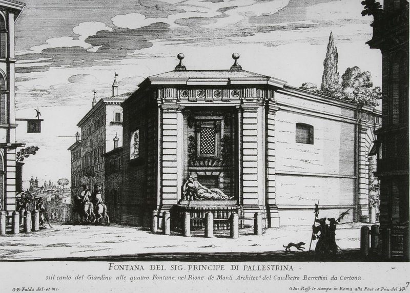 Blick auf den Brunnen und die Pforte von Quattro Fontane, Rom. by Giovanni Battista Falda. 1691. Motifs recorded: hund, reiter, pferde, wolken, gebäude, bäume, zeichnung, brunnen.