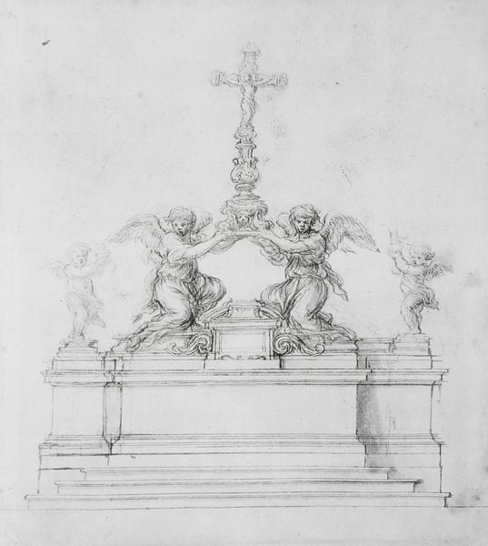 Altarentwurf. by Pietro da Cortona. 1650–1659. Motifs recorded: engel, kreuz, zeichnung, skizze, altar, flügel, entwurf, bleistift.