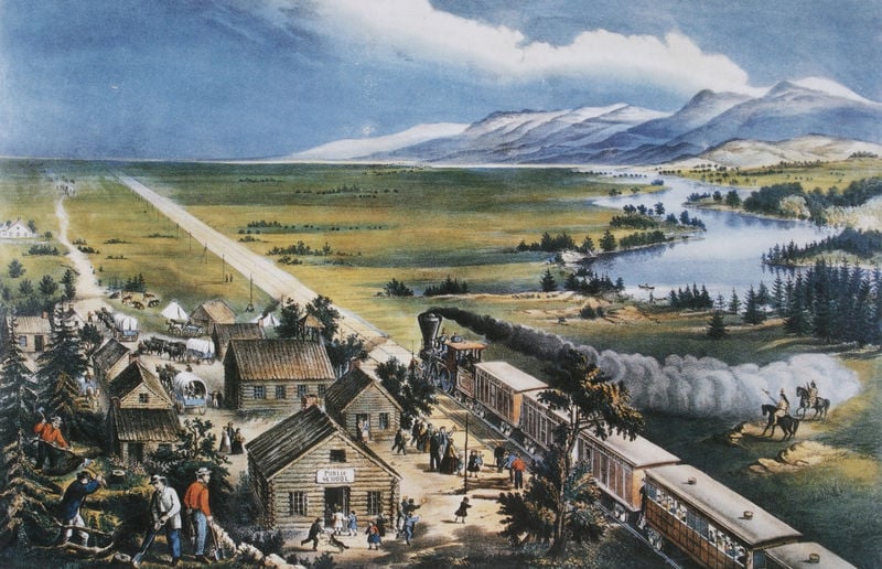 Across the Continent: ""Westward the Course of Empire Takes Its Way"". by Frances Bond Palmer. 1868. Motifs recorded: eisenbahn, landschaft, berge, fluss, rauch, himmel, zug, männer.