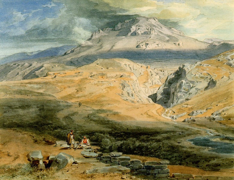 Blick vom Atreusgrab nach Nordosten auf die Burg von Mykene. by Karl Rottmann. 1835–1836. Motifs recorded: berg, landschaft, steine, fluss, wolken, menschen, blau, grün.