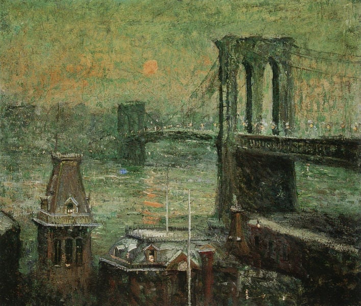 Brooklyn Bridge. by Ernest Lawson. 1917–1920. Motifs recorded: brücke, fluss, turm, himmel, wasser, sonne, stadt, grün.