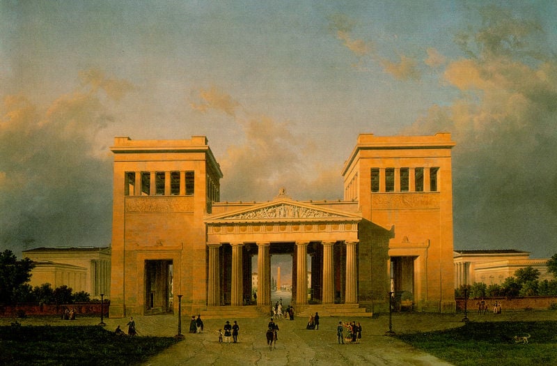Ansicht der Propyläen in München von Westen. by Leo von Klenze. 1848. Motifs recorded: menschen, säulen, himmel, reiter, wolken, türme, wiese, propyläen.