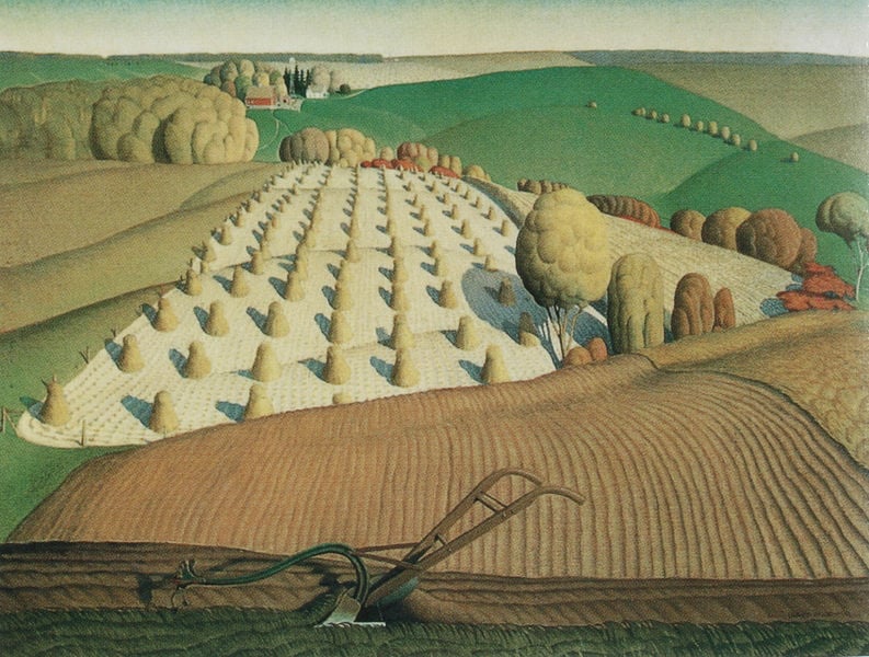 Fall Plowing. by Grant Wood. 1931. Motifs recorded: bäume, landschaft, pflug, felder, hügel, wiese, landwirtschaft, gras.